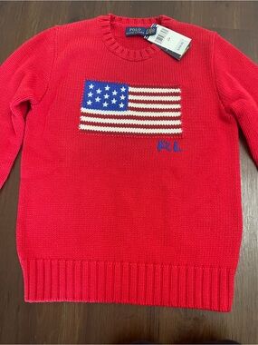 Ralph Lauren Red Knit Sweatshirt with Flag Motif